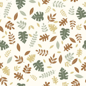 Popeline met bladeren, gebroken wit