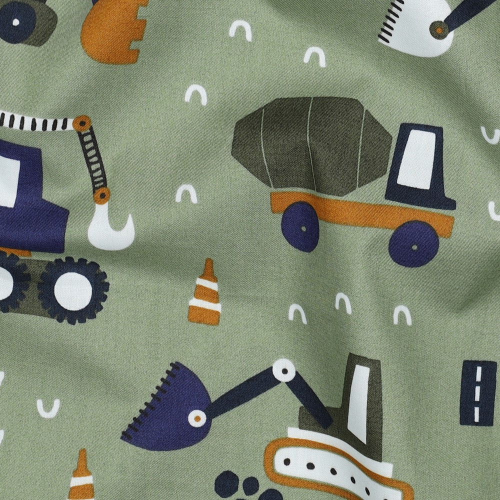 Popeline met auto's- Leger groen