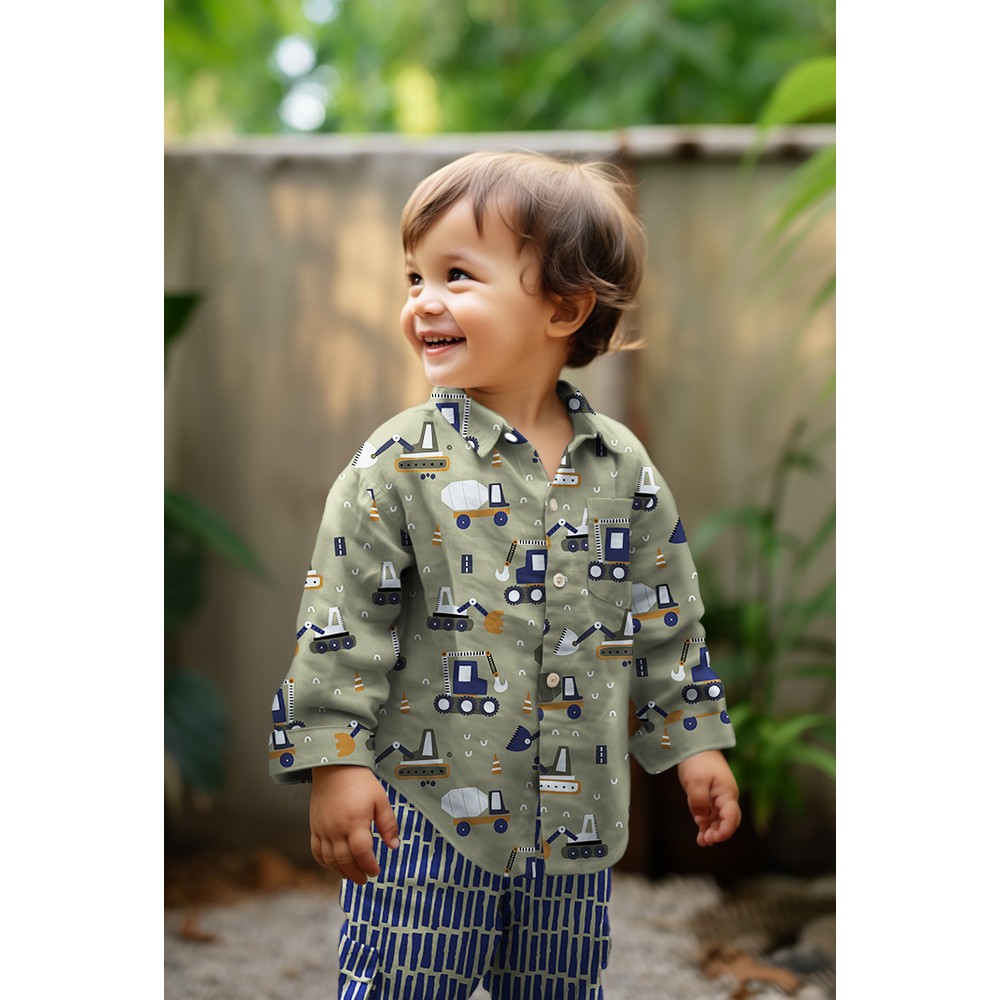 Popeline met auto's- Leger groen - Afbeelding 4